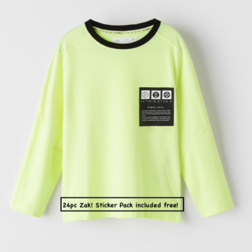 NWT KIDS ZARA LIME GREEN SPORTY TEE SHIRT + BONUS ZAK STICKER PACK